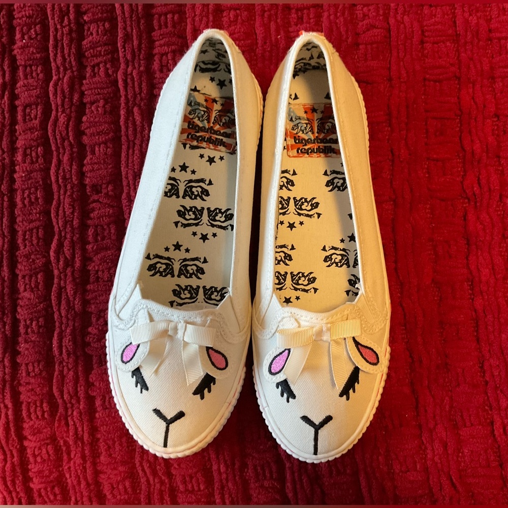 Playful White canvas Espadrilles with an embroidered “Bo Peep” Sheep face.